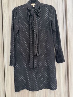MICHAEL Michael Kors Black Dress with Gold Polka Dots and Tie-Neck